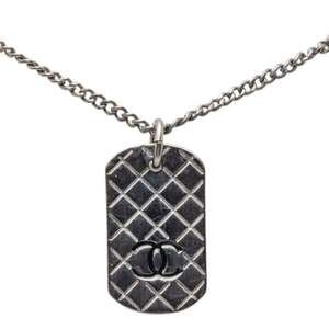 Chanel Matelassé Dog Tag Coco Mark Necklace, Silver Metal, Women's CHANEL